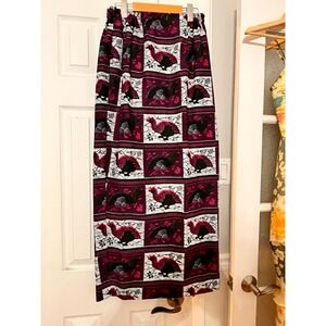 African Wax Print Bird Floral Maxi Skirt Magenta Green Elastic Waist Batik Style